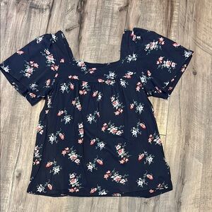 Lucky Brand Smocked Puff Sleeve Blue and White Blouse